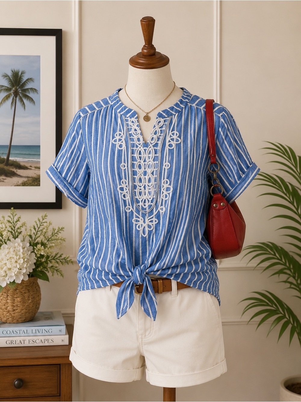 Ruby Rd Blue White Striped Short Sleeve Blouse Tie Front Embroidered SZ 1X NWT